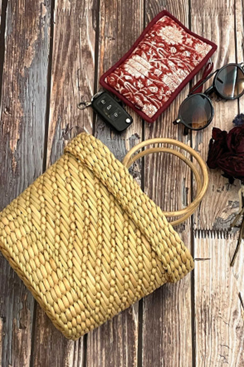Pine Cone Handcrafted Mini Bucket Bag With Cane Handles