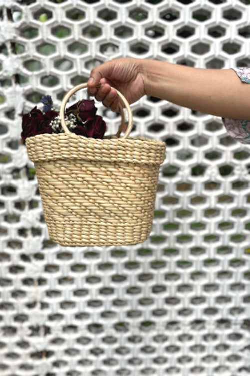 Pine Cone Handcrafted Mini Bucket Bag With Cane Handles