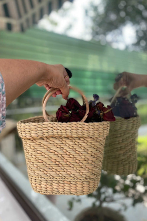 Pine Cone Handcrafted Mini Bucket Bag With Cane Handles