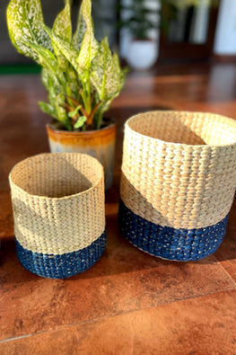 Handcrafted Kauna  Diagonal Weave Planter 8"- Colorblcok