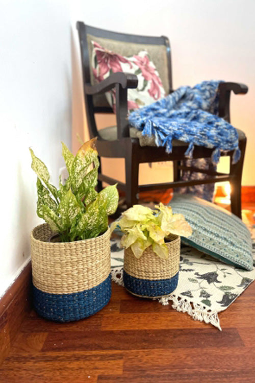 Handcrafted Kauna  Diagonal Weave Planter 8"- Colorblcok