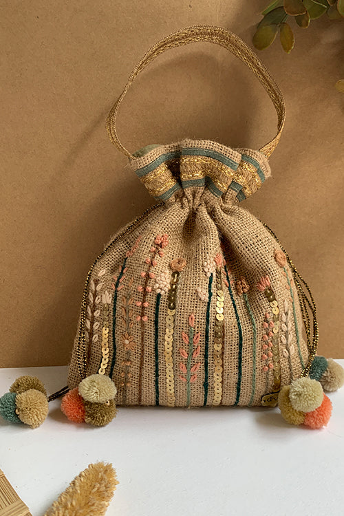 Beige Hand Embroidered Jute Potli Bag For Women Online