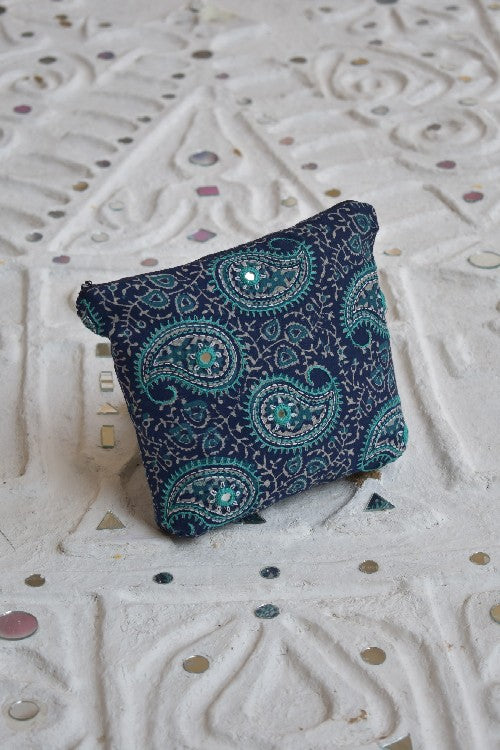 Okhai 'Wild Oats' Pure Cotton Hand Embroidered Mirror Work Pouch