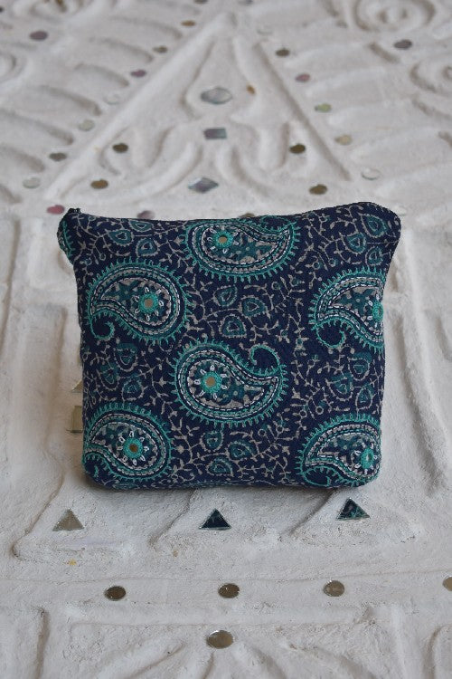 Okhai 'Wild Oats' Pure Cotton Hand Embroidered Mirror Work Pouch