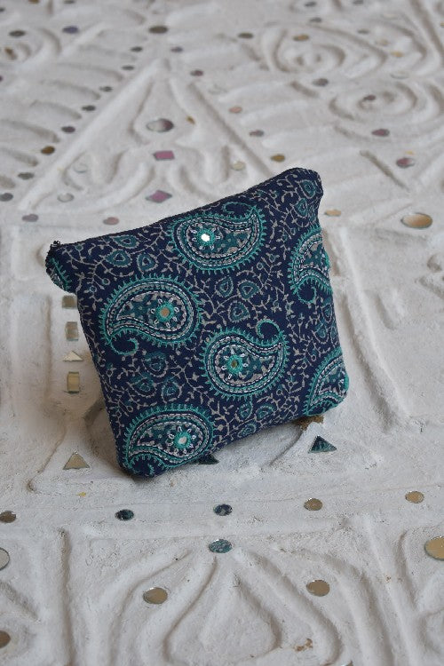 Okhai 'Wild Oats' Pure Cotton Hand Embroidered Mirror Work Pouch
