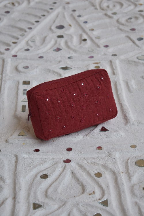 Okhai 'Ruby' Pure Cotton Hand Embroidered Mirror Work Pouch