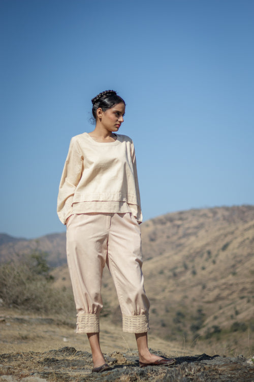 Sadhna Beige Cuff Pants with Cutwork Embroidery Hem