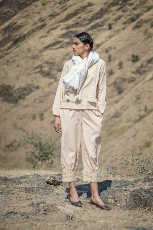 Sadhna Beige Cuff Pants with Cutwork Embroidery Hem