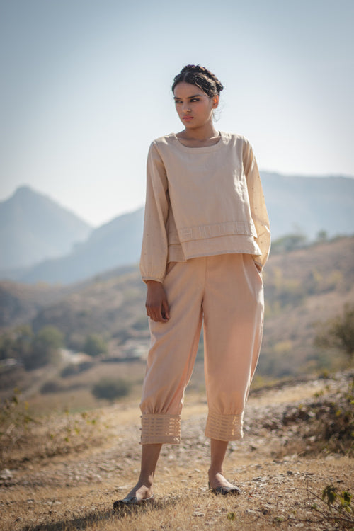 Sadhna Beige Cuff Pants with Cutwork Embroidery Hem
