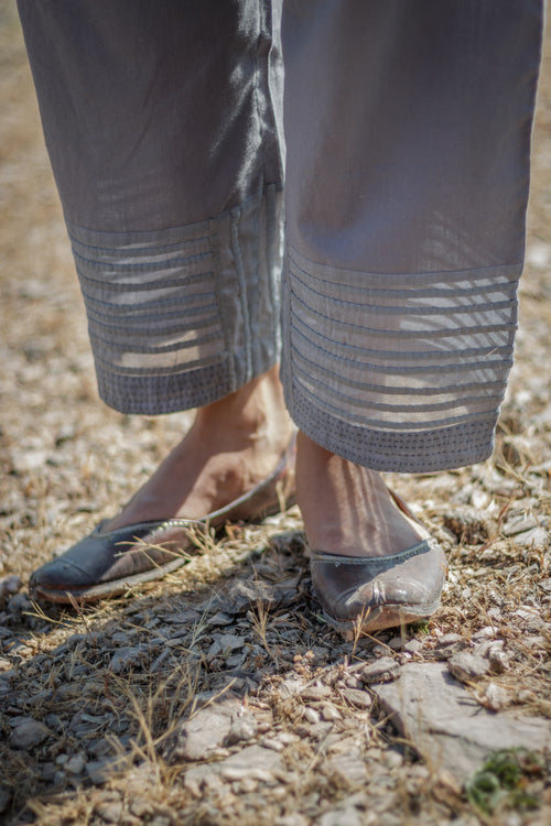 Sadhna Grey Straight Pants with Hem Embroidery Panel
