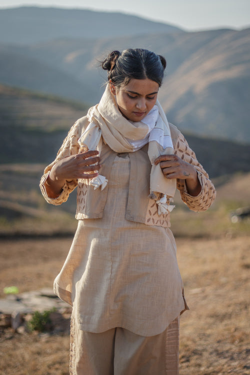 Sadhna 'Alhad' Beige-White Multi Cotton Fabric Panelled Stole