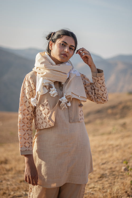 Sadhna 'Alhad' Beige-White Multi Cotton Fabric Panelled Stole