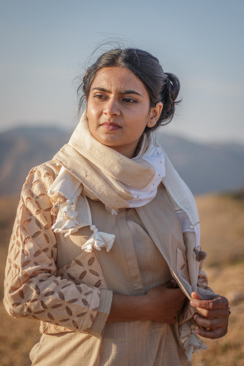 Sadhna 'Alhad' Beige-White Multi Cotton Fabric Panelled Stole