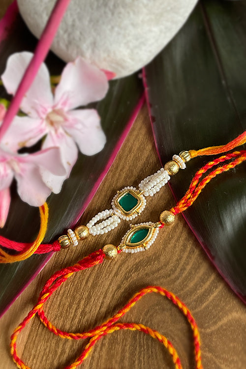 Dhaaga Kundan Rakhi in Golden Green and red (Set of 2)