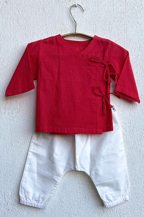 Whitewater Kids Unisex Organic Red Angrakha Top With White Pants