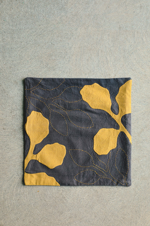 Aranya Applique grey cushion cover with mustard petals