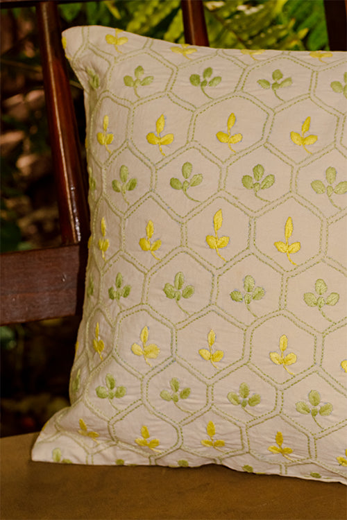 Rangsutra 'Bageecha' Chikankari Embroidered Honeycomb Foliage Cotton Cushion Cover