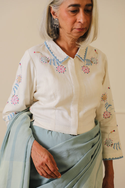 Rangsutra Idaya White Blouse With Pakkoh Embroidery