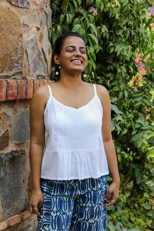 Ishanvi Chikankari Embroidered Strappy Top With Pintucks