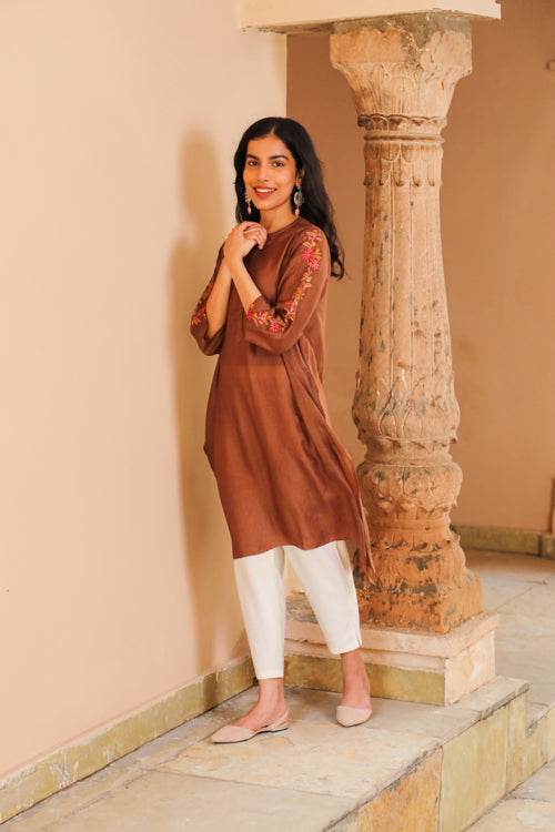 Rangsutra Juhi Brown Kurta With Crewel Embroidered Sleeves