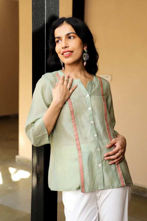 Rangsutra Juhi Pista Green Shirt With Crewel Embroidery