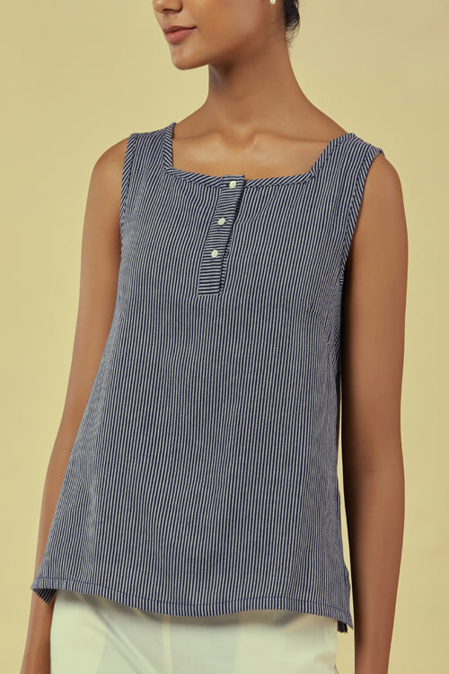Rangsutra Maya A-Line Navy Striped Top With Square Neck