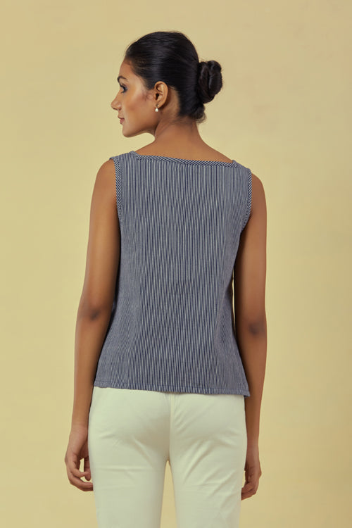 Rangsutra Maya A-Line Navy Striped Top With Square Neck