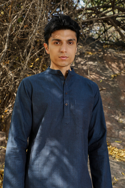 Ronin Dark Blue Long Pure Cotton Kurta For Men Online