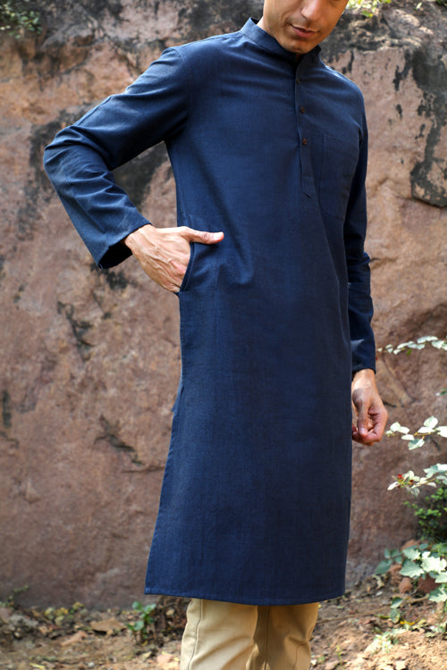 Ronin Dark Blue Long Pure Cotton Kurta For Men Online