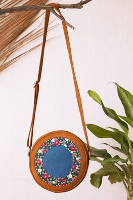 Denim Floral Embroidered Sling Bag