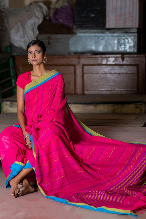 Soft & Graceful. Pure Handwoven  Cotton Saree (With Blouse Piece) - Magenta Moments
