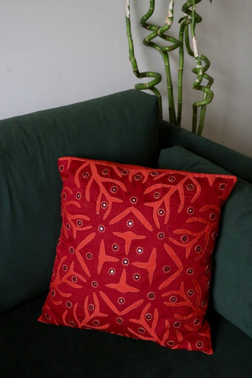 Okhai 'Home' Applique Mirror Work Pure Cotton Cushion Cover