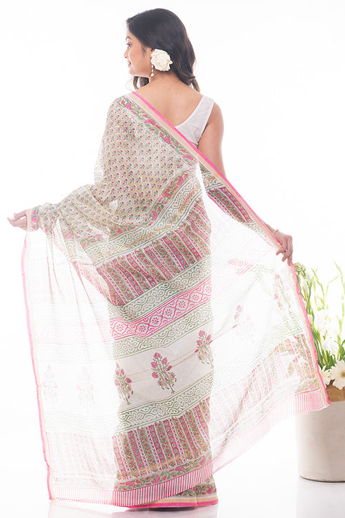 Summer Florals. Sanganeri Block Printed Chanderi Saree - Floral Pink