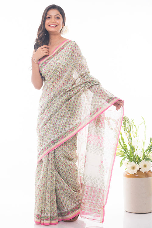 Summer Florals. Sanganeri Block Printed Chanderi Saree - Floral Pink