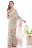 Summer Florals. Sanganeri Block Printed Chanderi Saree - Floral Pink