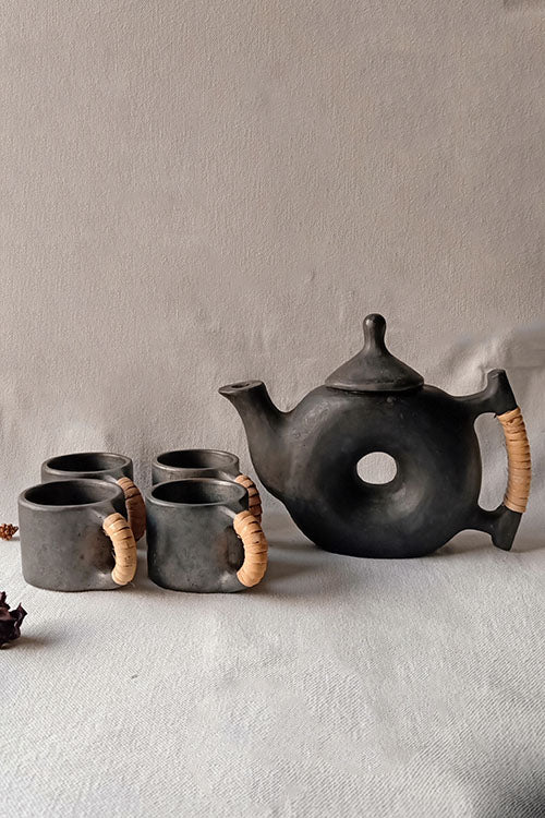 Terracotta by Sachii Longpi Black Pottery Teapot-Cups Set