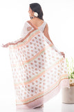 Summer Moods. Sanganeri Mulmul Cotton Saree - White & Peach Floral