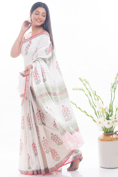 Summer Moods. Sanganeri Mulmul Cotton Saree - Pink Flora