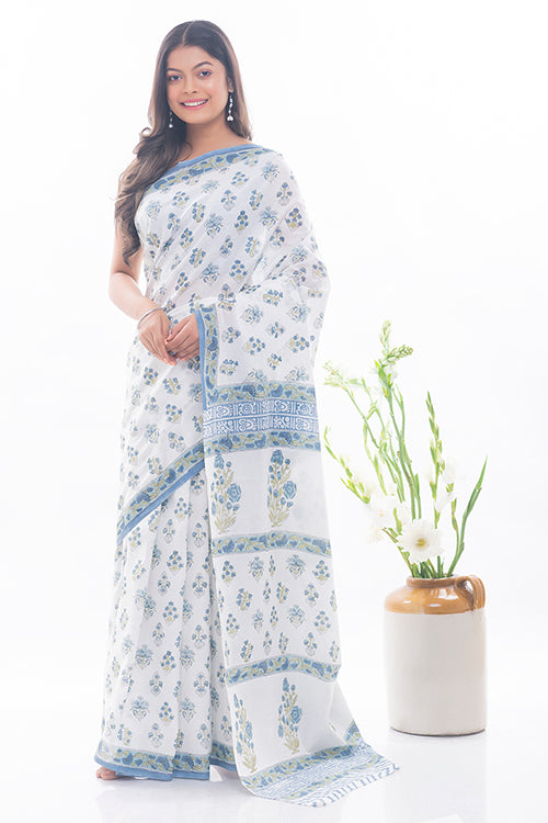 TICH Summer Moods. Sanganeri Mulmul Cotton Saree - White & Blue Floral