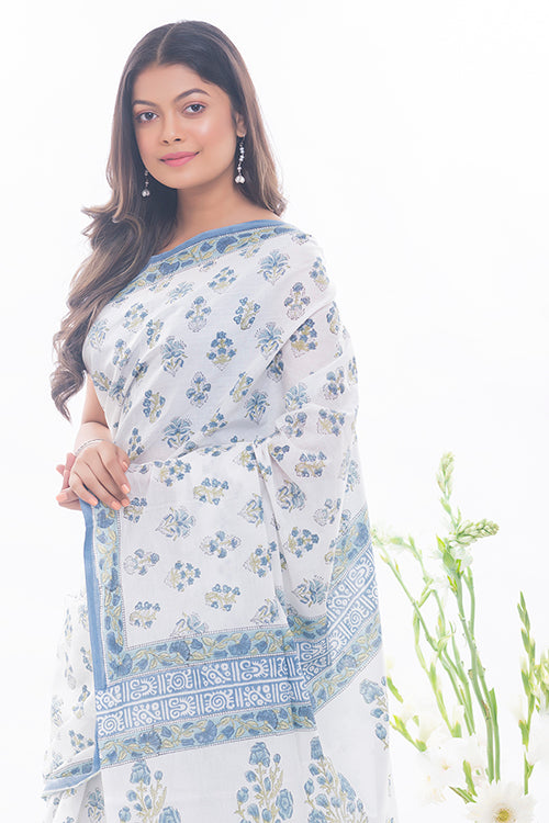 TICH Summer Moods. Sanganeri Mulmul Cotton Saree - White & Blue Floral