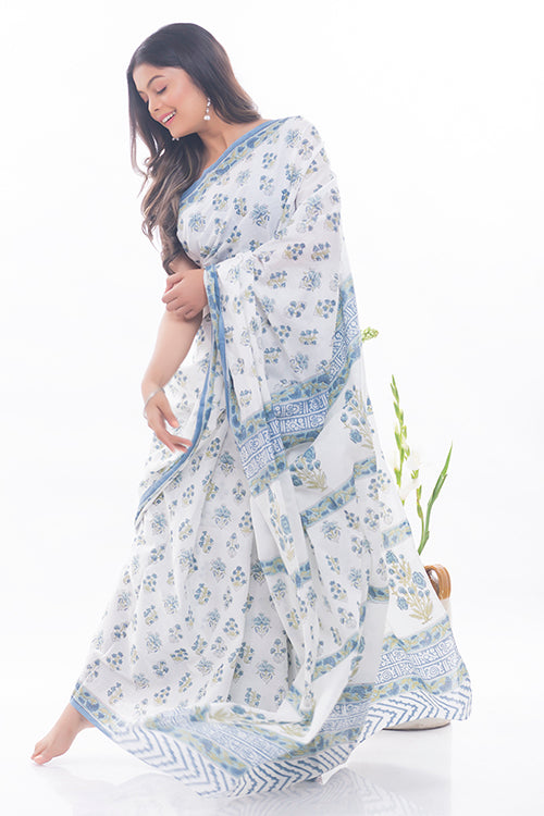 TICH Summer Moods. Sanganeri Mulmul Cotton Saree - White & Blue Floral