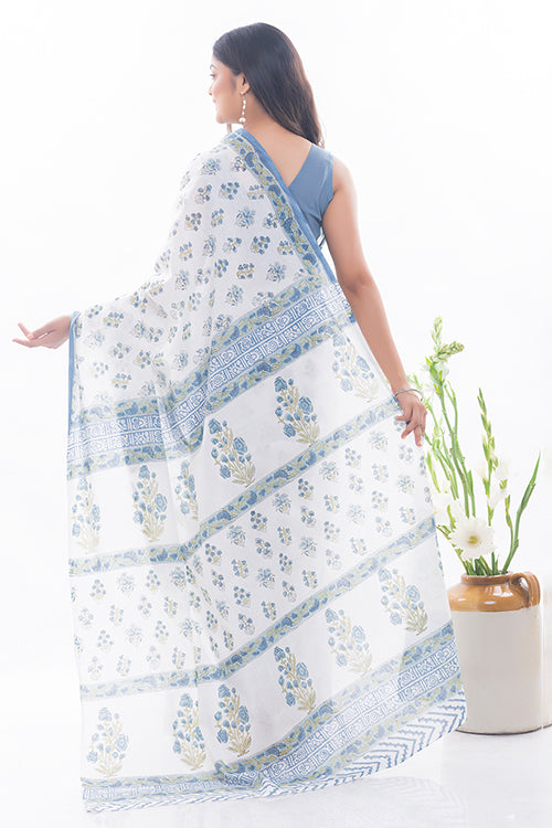 TICH Summer Moods. Sanganeri Mulmul Cotton Saree - White & Blue Floral