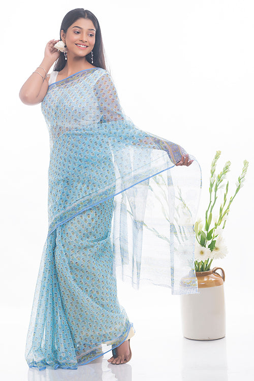  Soft Blue Flora Sanganeri Block Printed Kota Doria Saree Online 