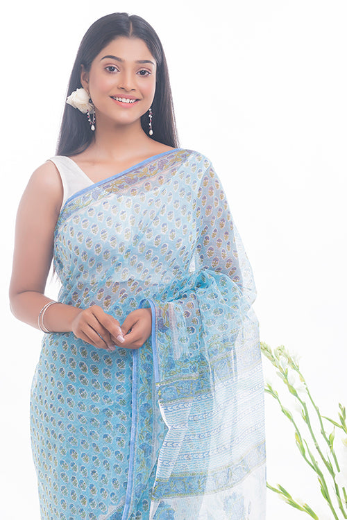  Soft Blue Flora Sanganeri Block Printed Kota Doria Saree Online 