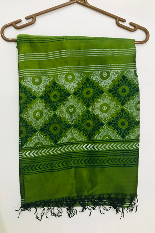 Block Printed -Silk Dupatta-Green Colour