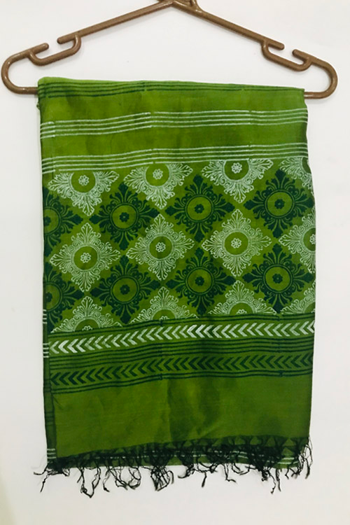 Samuday Craft Block Printed -Silk Dupatta-Green Colour