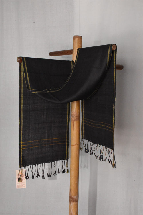 Pure Woolen Scarf | Black With Yellow Border & Striped Pallu