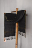 Pure Woolen Scarf | Black With Yellow Border & Striped Pallu