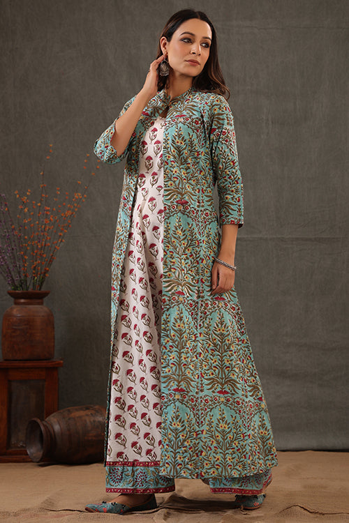 Shuddhi Mint Green And Scarlet Red Double Layered Dress