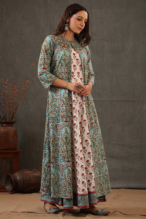 Shuddhi Mint Green & Scarlet Red Cotton Double Layered Dress For Women Online. 